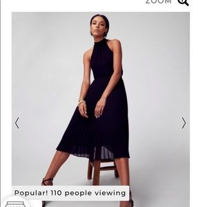 pleated black halter midi cocktail dress